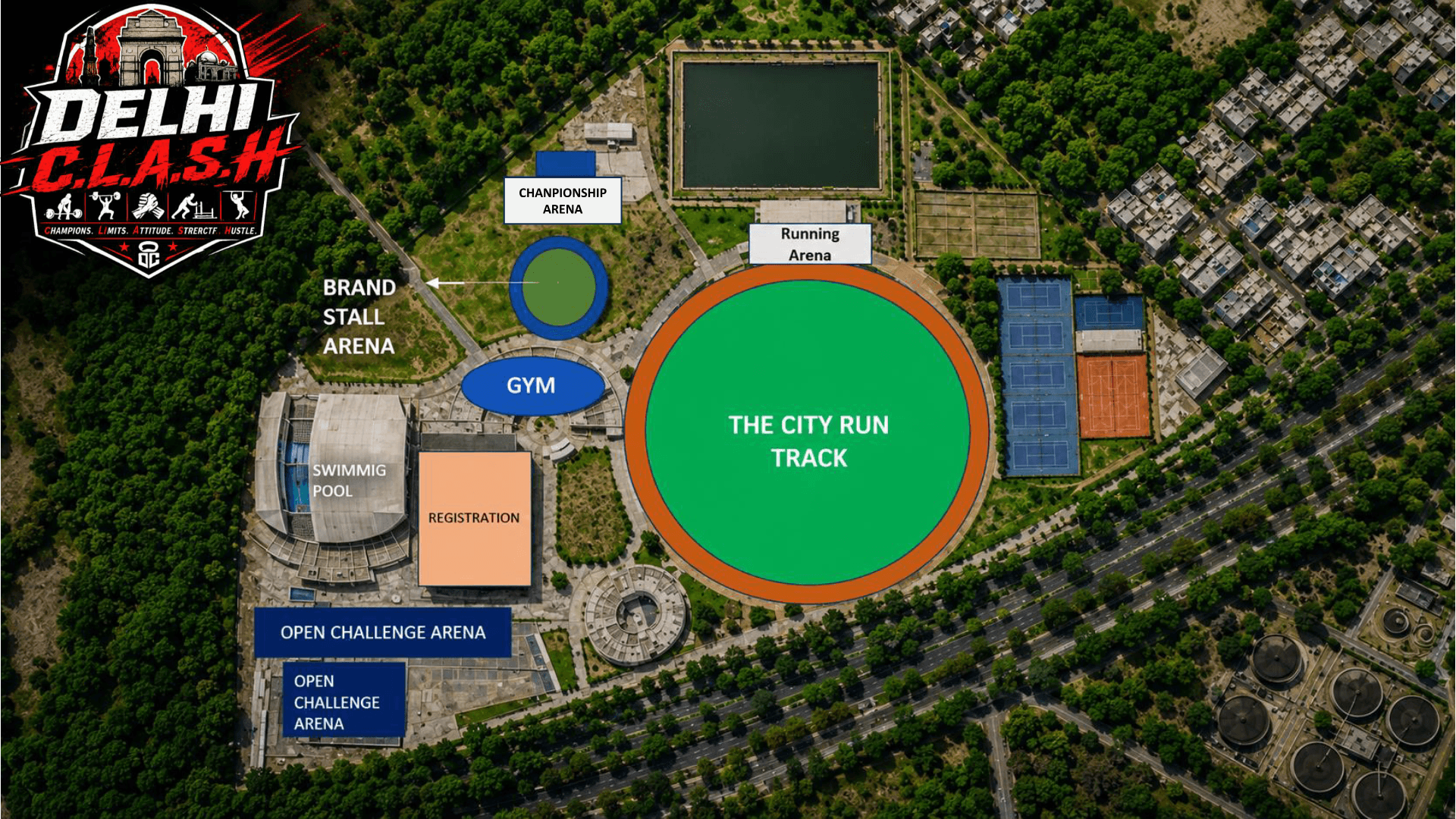 Aerial map of DDA Sports Complex showing the City Run track, championship arena, gym, registration area, open challenge arena and brand stall zones.